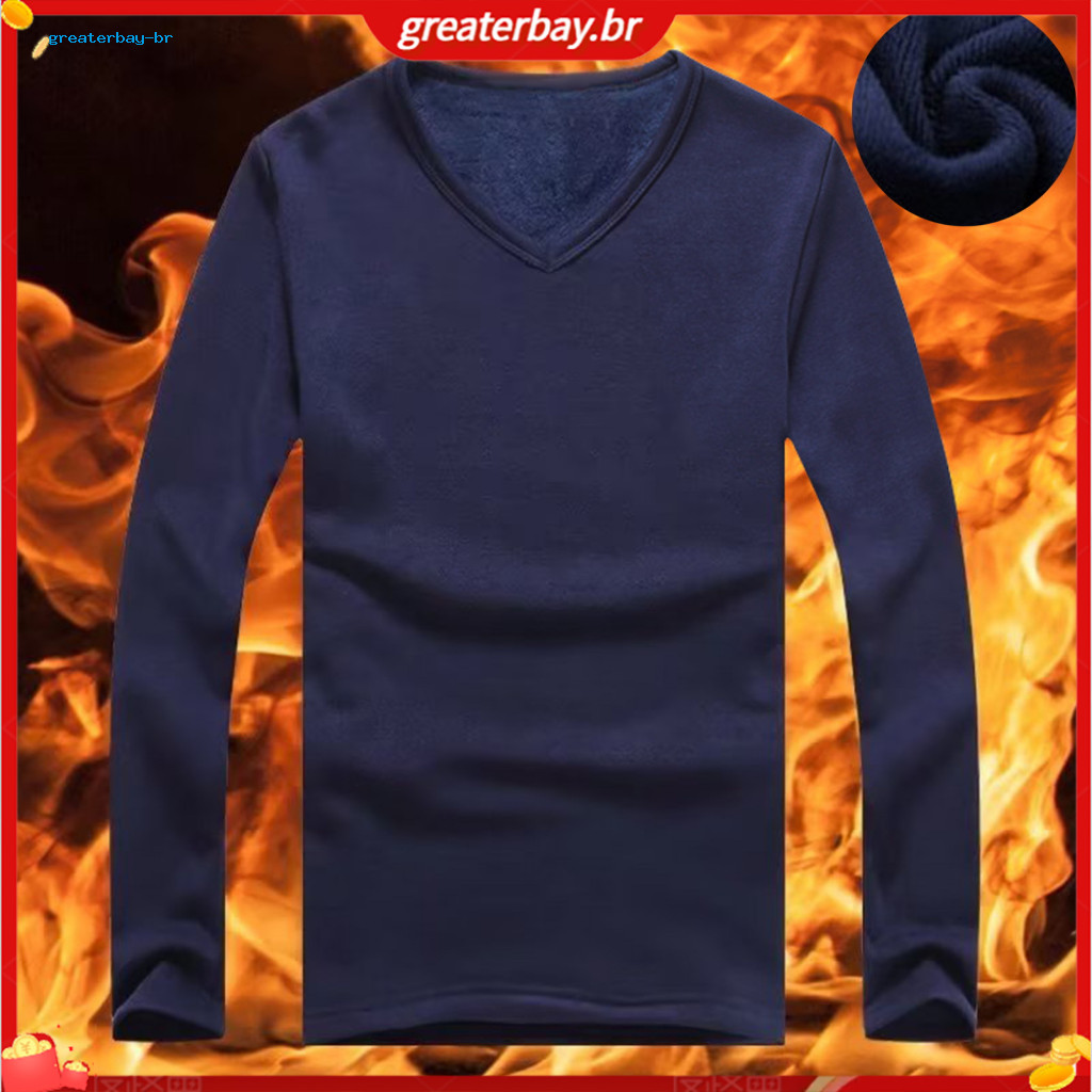 Men's Thermal Shirt Fleece Lined V-neck Long Sleeve Warm Base Layer Pullover for Fall Winter Solid Color Casual Sportswe