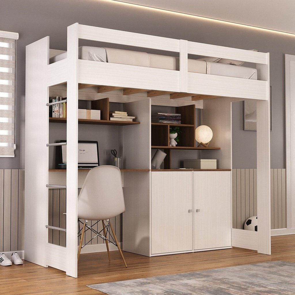Cama de Solteiro Zwork 2 Portas com Escrivaninha Multifuncional Yescasa Branco/Nogal Branco/Nogal