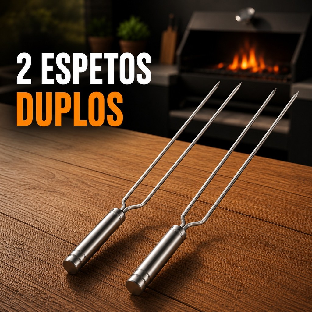 KIT 2 Espeto Duplo Profissional Barra Chata Churrasco Cabo Aluminio Grill Churrasqueira 90cm