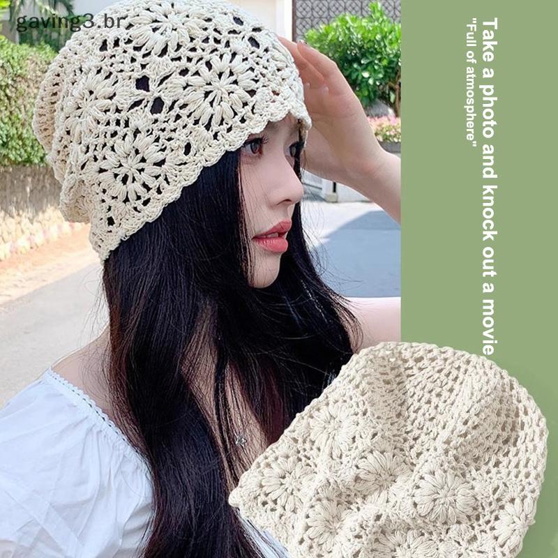 [GAVBR] Chapéu De Malha Vazado Respirável Flores Boina Casual Boné Verão Moda Algodão Skullies Viseira De Sol Feminina [