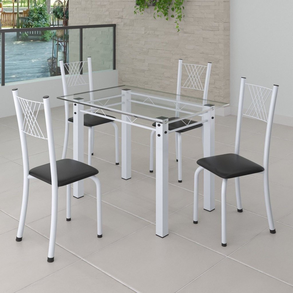 Conjunto de Jantar Mesa 100x60cm Tampo de Vidro Incolor com 4 Cadeiras Sara Yescasa Branco/Preto Liso Preto/Branco