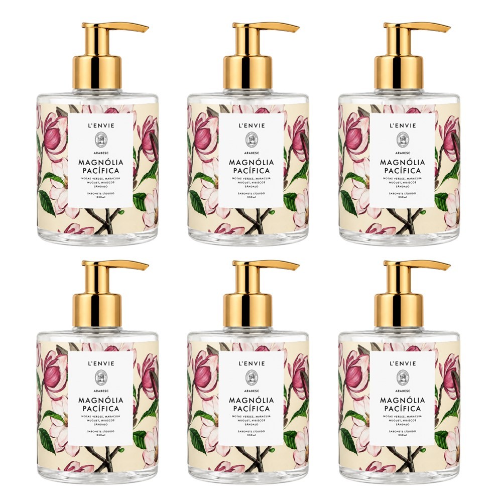 Kit 6 Sabonete Líquido Magnólia Pacífica Floral Frutal Lenvie 350ml Lavabo
