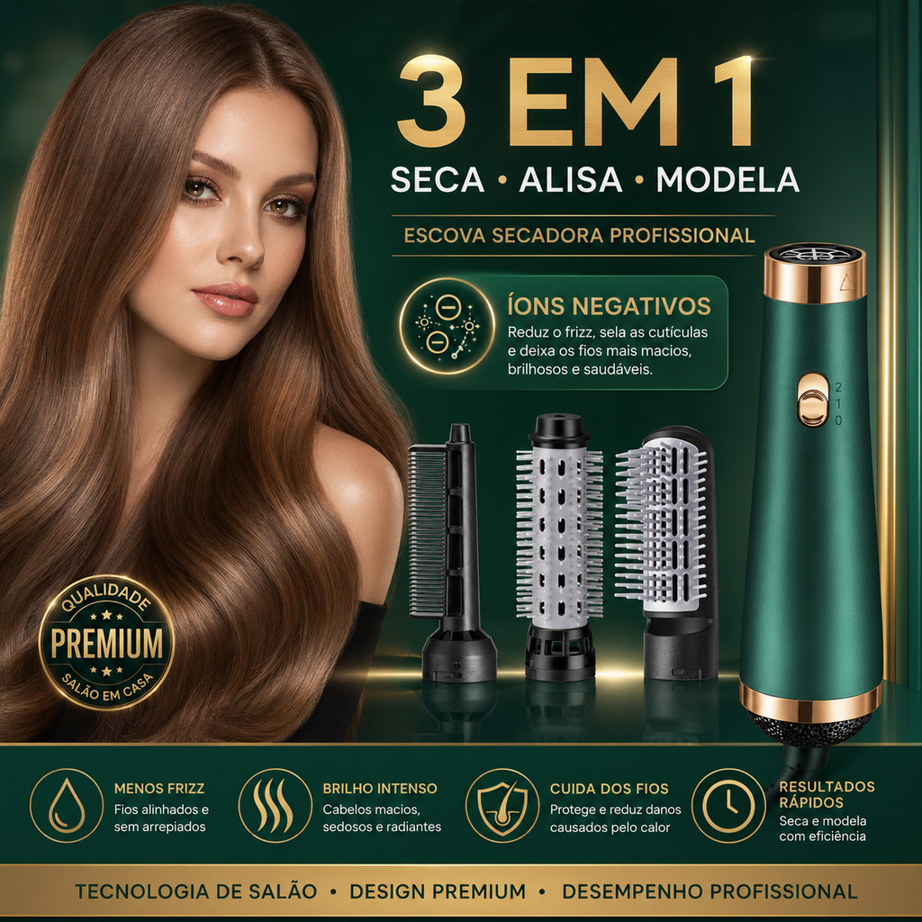 3 Em 1 Secador De Cabelo Escova Secadora Íon Negativo Poderoso Pente De Ar Quente110V