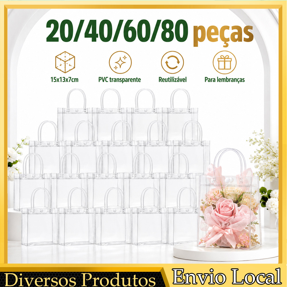 Bolsa Transparente de Presente 20/40/60/80 Peças 15x13x7cm Reutilizável Para Festa Noiva Batismo Aniversário e Eventos