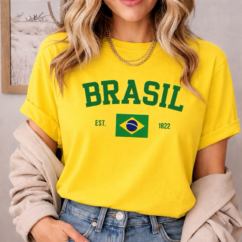 Camiseta de algodão Amarela Bandeira do Brasil linda estampa clima copa do mundo