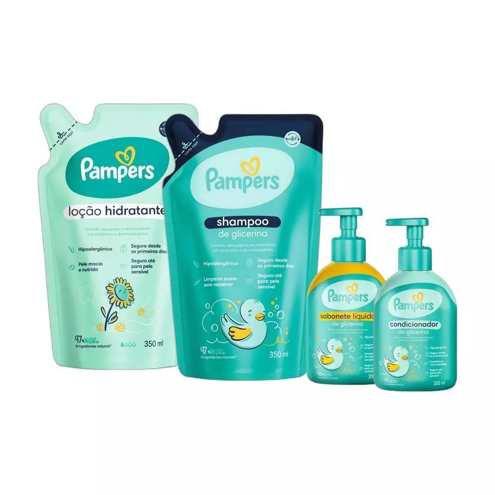 Kit Pampers Glicerina Shampoo 350ml + Condicionador 200ml + Loção Hidratante 350ml + Sabonete Líquido 200ml