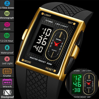 Relógio esportivo Skmei, possui três fusos horários, pulseira de TPU, resistência à água de 3 bar, luz LED, display anal