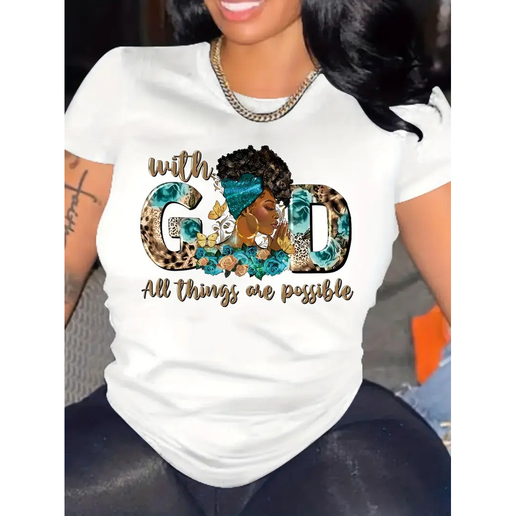 Camiseta Con Retrato De Caricatura Y Letra Con Estampado De "God", Casual De Manga Corta Y Cuello Con Forma Redonda