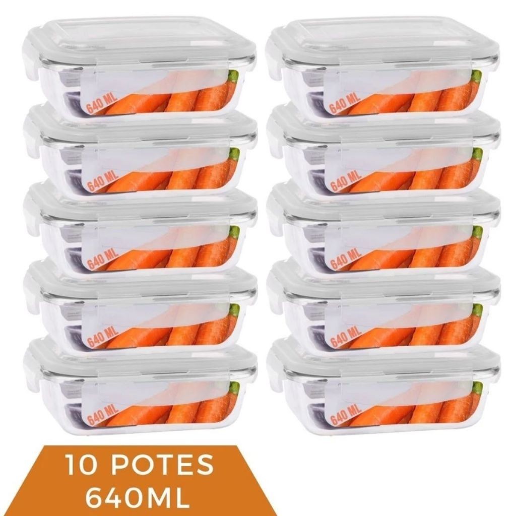 Kit com 10 Potes de Vidro Hermético 640ml Marmita Fit Tampa 4 Travas Freezer Geladeira Micro-ondas em Oferta na Shopee