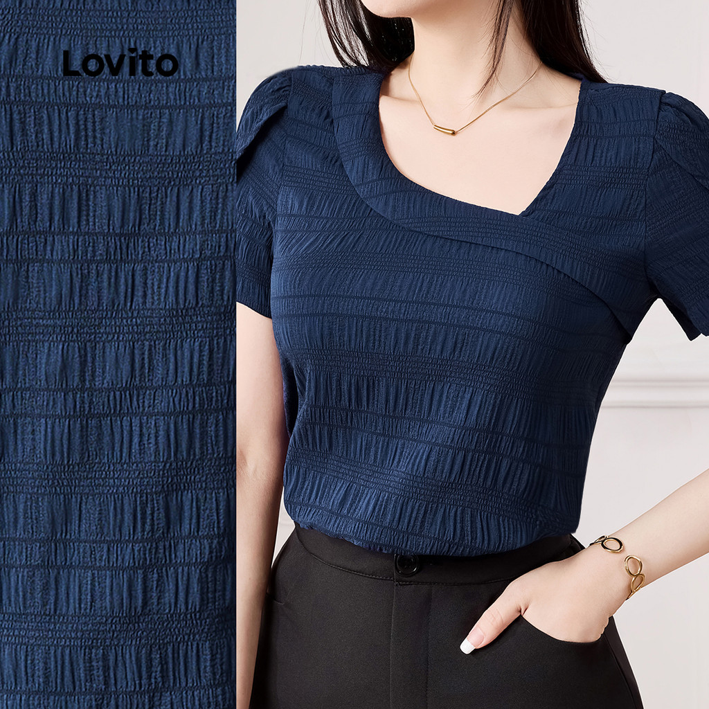 (New) Lovito Blusa Casual de Lazer Primavera/verão Blusa Azul Marinho para Mulheres L150AD973 em Oferta na Shopee