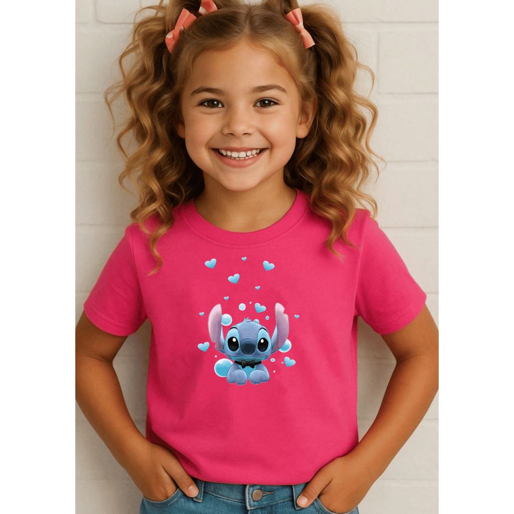 Camiseta Moda Jovem Infantil Stitch Coração Unisex 100% Algodão Premium