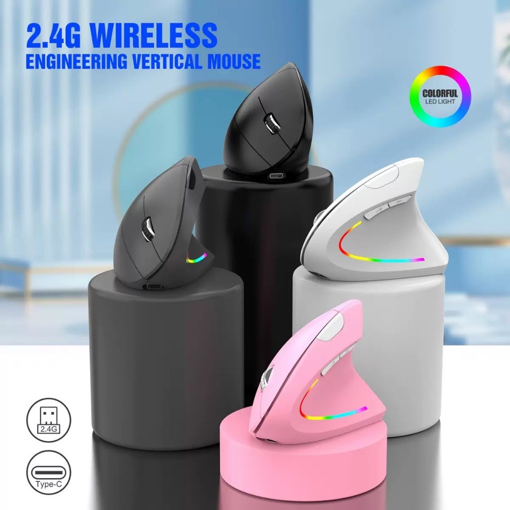 Mouse vertical sem fio 2.4G recarregável ergonômico vertical mouse 3 níveis de DPI ajustáveis ​​RGB Streamer KA-666