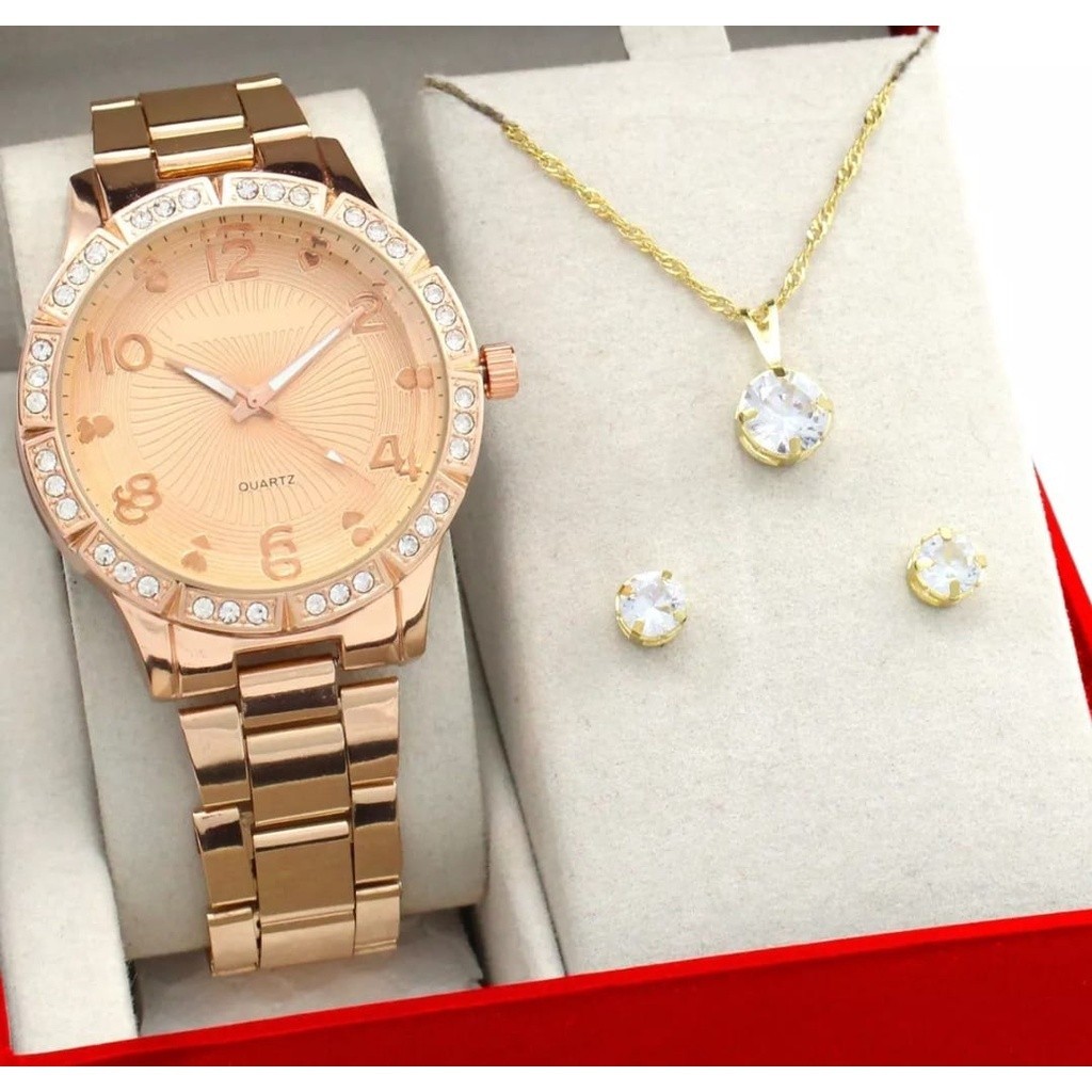 Relogio Feminino Rose Original Kit Colar e Brincos
