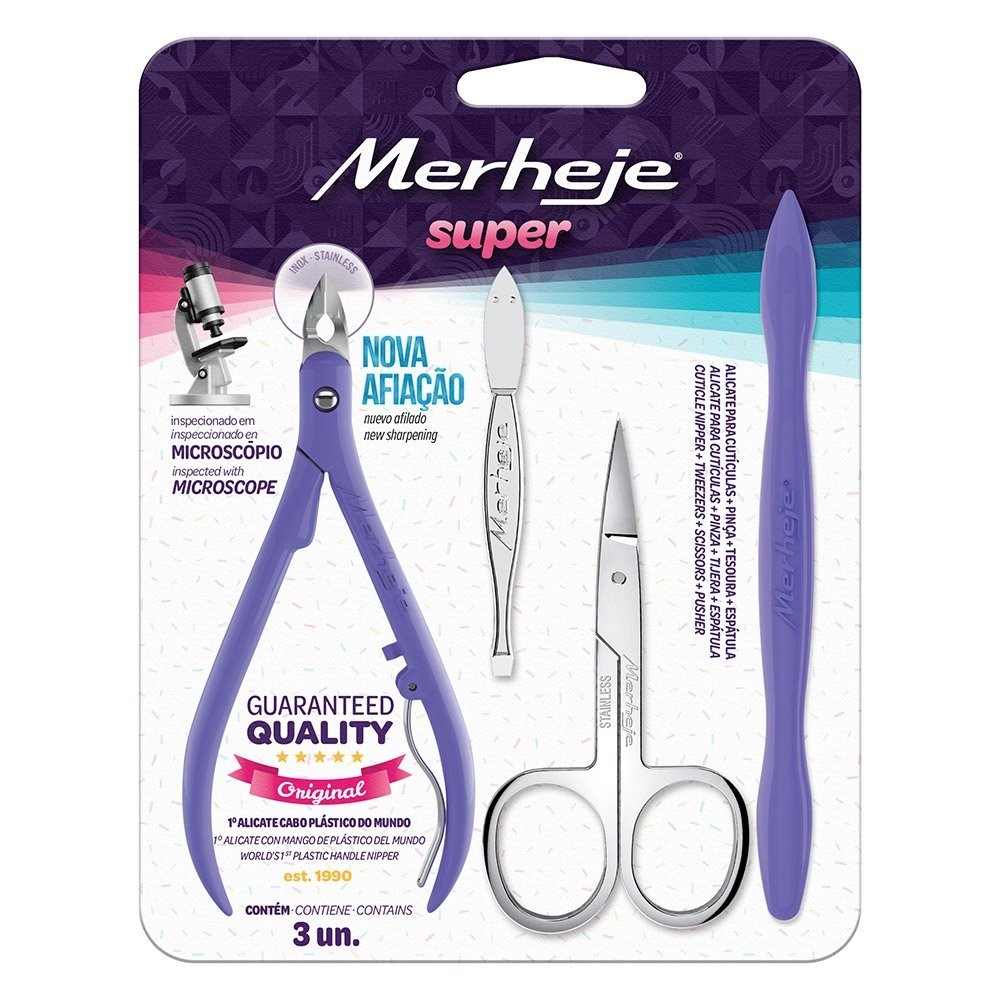 Alicate para Cutícula + Pinça + Espátula + Tesoura Merheje Lilás