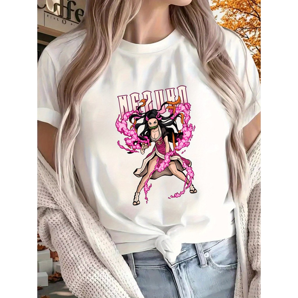 Camiseta Feminina Estampada Demon Slayer Anime Nezu, Camiseta De Algodão Casual E Confortável Para O Verão