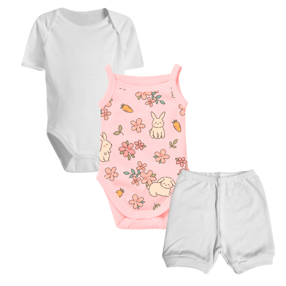 Kit Bebê Verão 3 Peças Sortidas Body e Short de Menina Linda