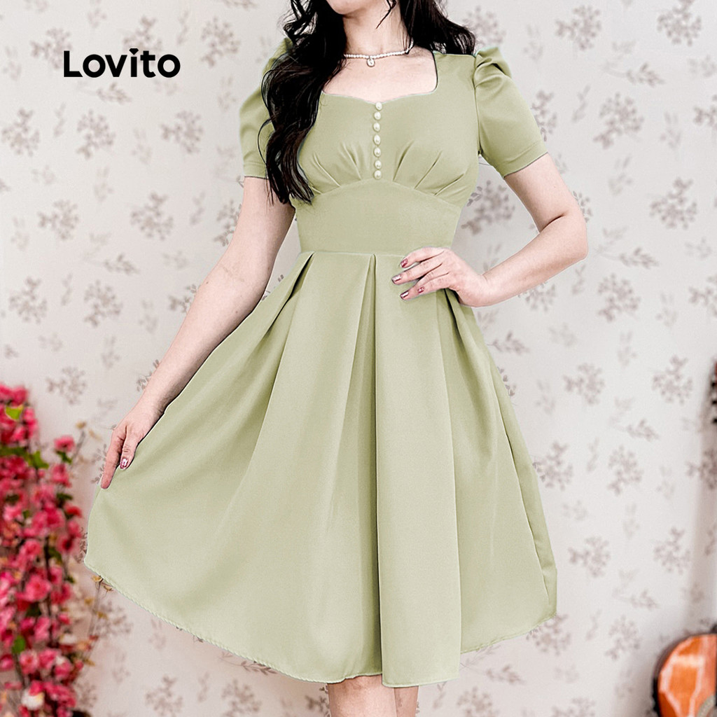 Detalhes do Lovito Vestido Casual Verde Com Botões Frontais E Pregas Ideal Para Primavera/verão Mulher L149ED020