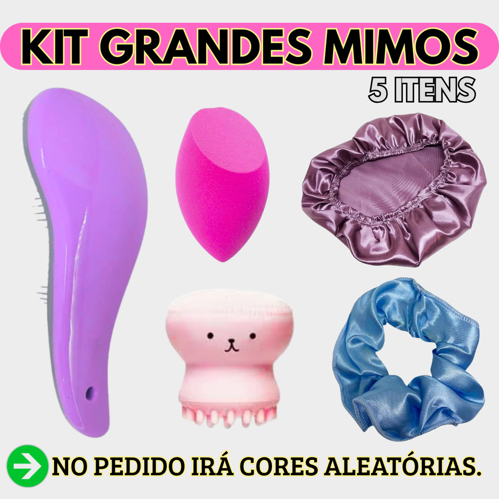 Kit Cuidado Feminino Escova Mágica Esponja Maquiagem Polvinho e Chanfrada Xuxinha e Touce de Cetim