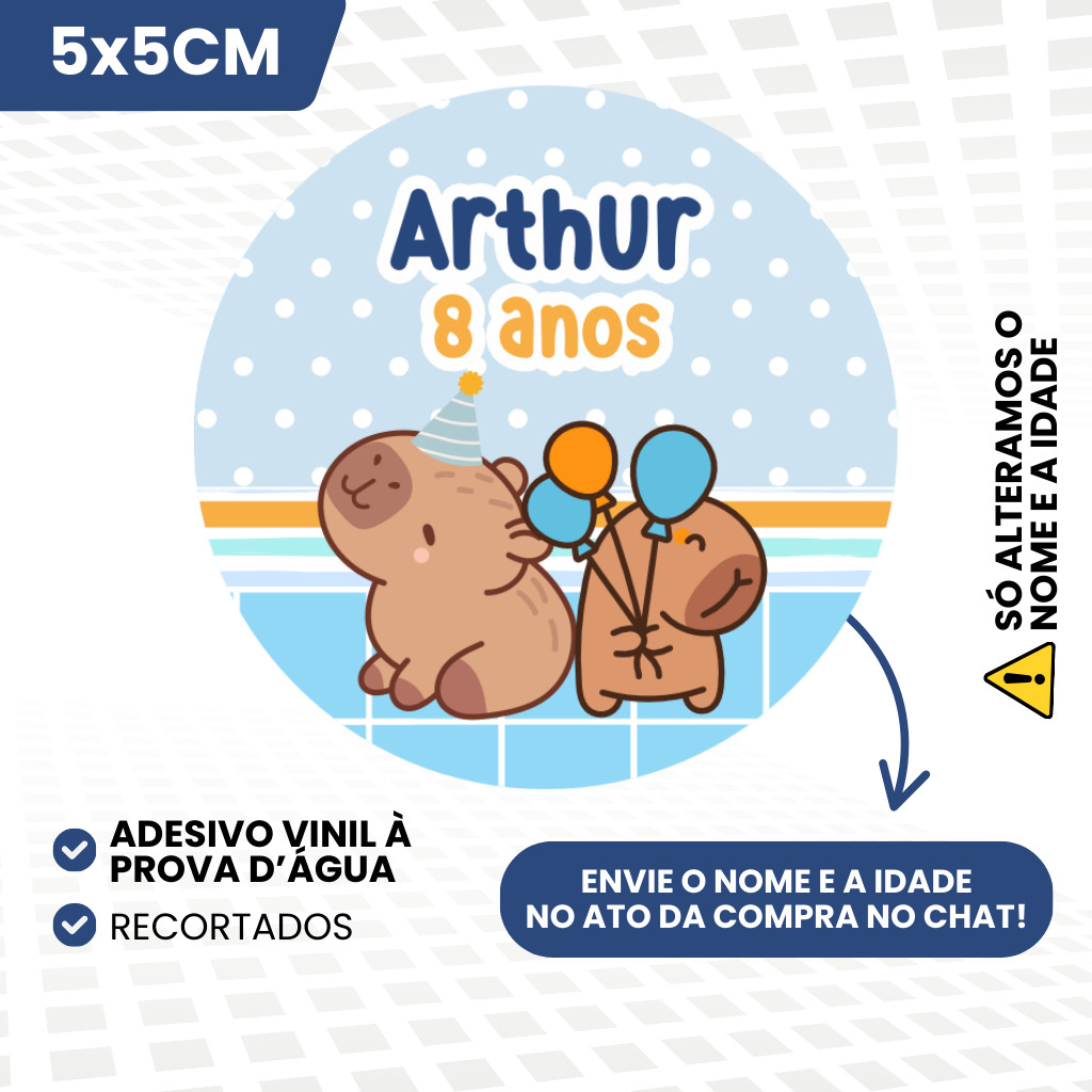 Adesivos Vinil 5x5cm Personalizados Para Lembrancinhas de Aniversário Infantil Menino Tema Capivara Cute