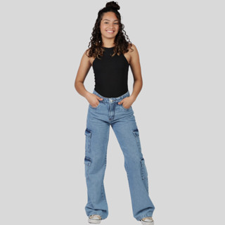 Calça Bolso Cargo Jeans Juvenil Infantil Meninas Pantalona em Oferta na Shopee