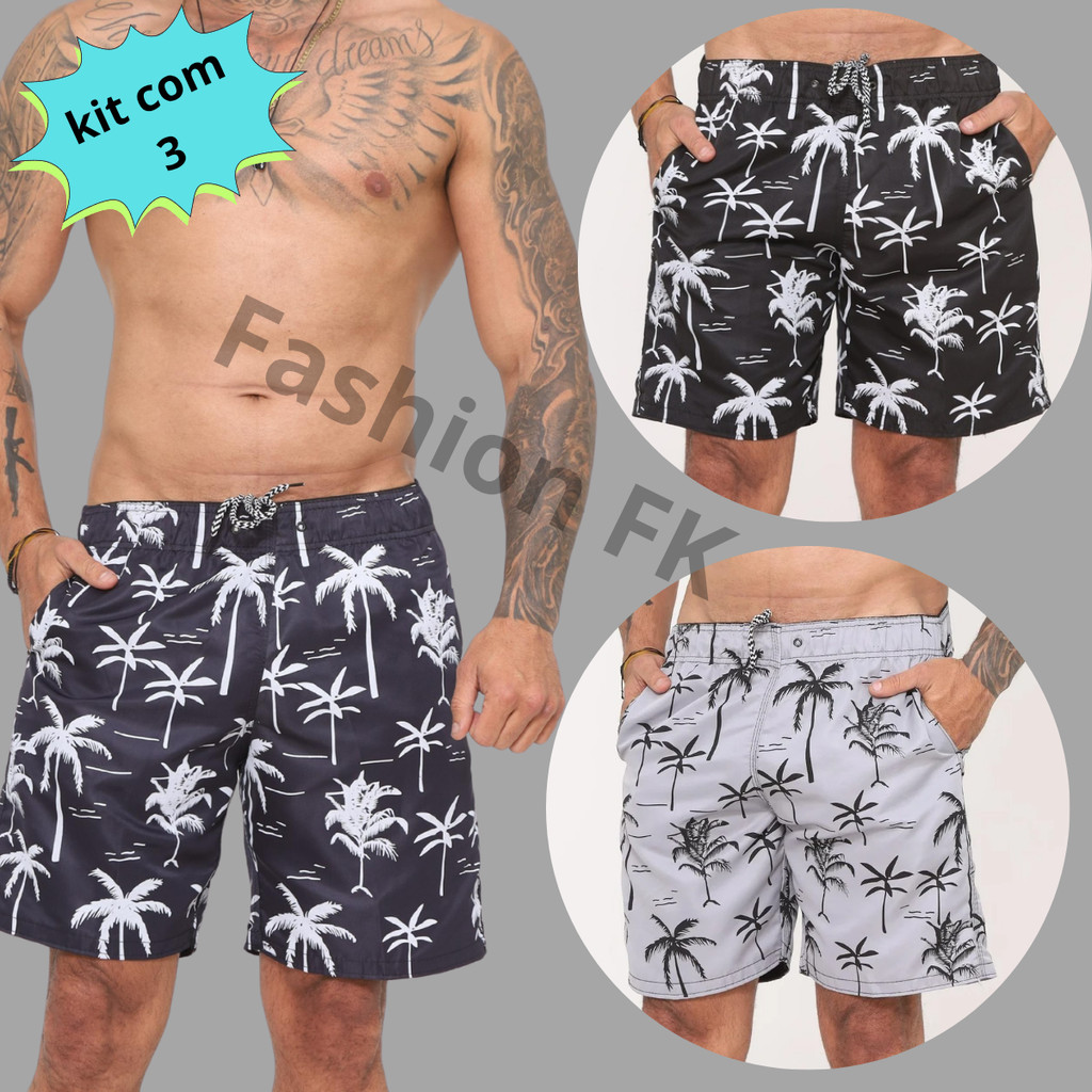 Short Tactel Mauricinho Kit com 3 Bermudas Coqueiro para Academia e Lazer