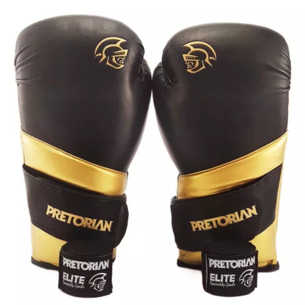 Kit Luva De Boxe Muay Thai Elite + Bandagem, Pretorian, Preto/ Dourado, 12 OZ