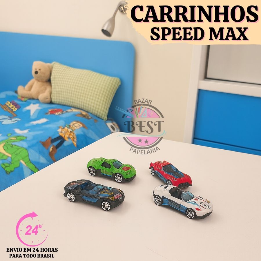 Kit Com 4 Carrinhos Coloridos Coleção Carros Brinquedo Metal Max Speed Tipo Hot wheels Colecionavel