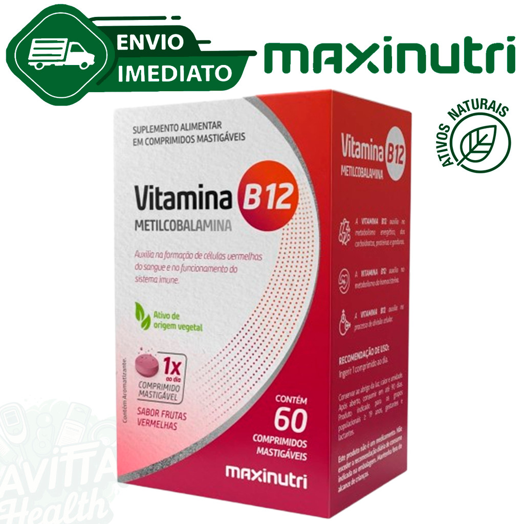 Vitamina B12 Metilcobalamina Mastigável 60 Comprimidos Maxinutri Zero Açucar Envio Imediato