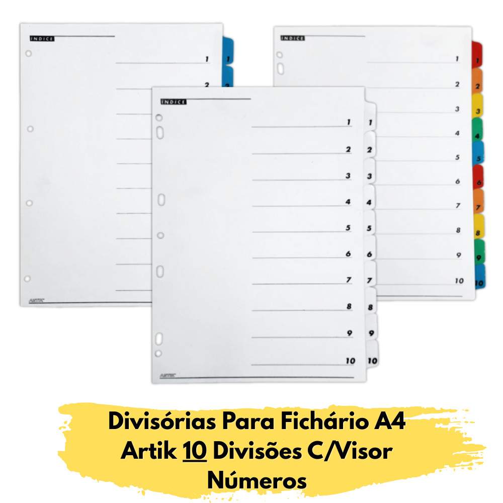 Divisórias P/ Fichário A4 Artik 10 Divisões C/Visor Números