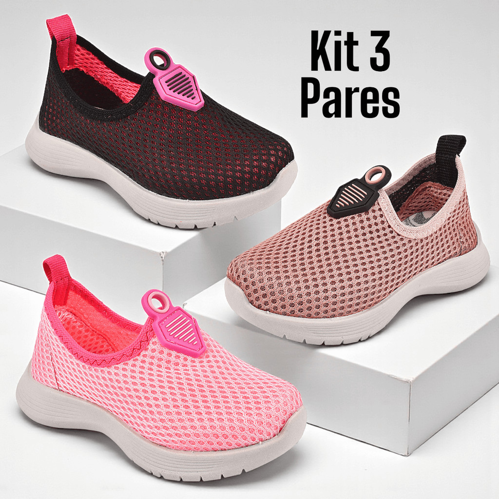 Kit 3 Pares Tênis Infantil Feminino Confortável Calce Facil Macio