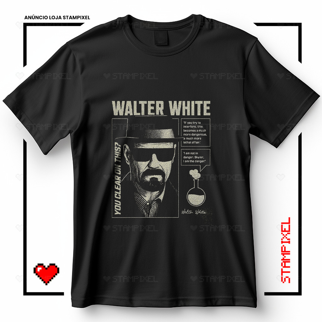Camiseta Unissex Breaking Bad Walter White Heisenberg Blusa Geek Série Drama Criminal Crime T-shirt Camisa 100% Algodão