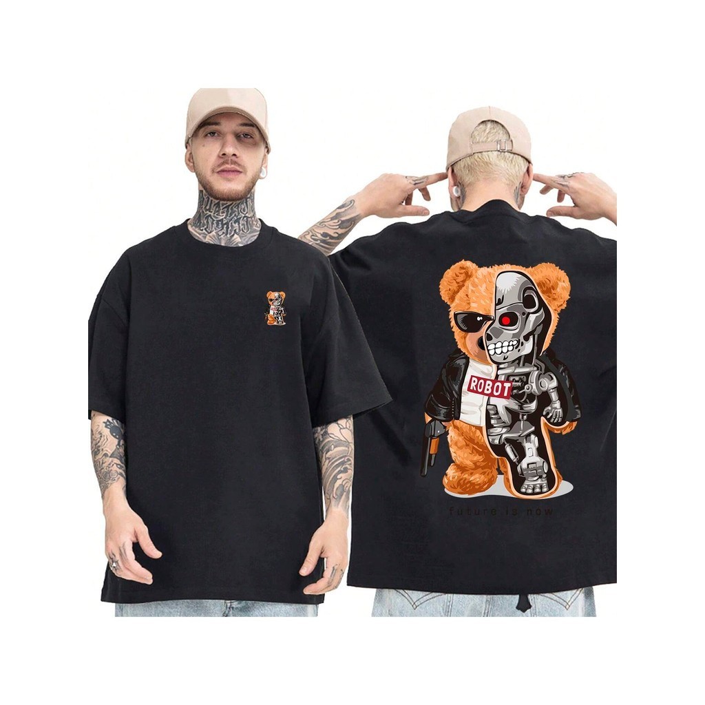 Camiseta OVERSIZED Preta StreetWear Gola em Ribanna Alta Plus Size Modelo: "ROBO URSO" ! !