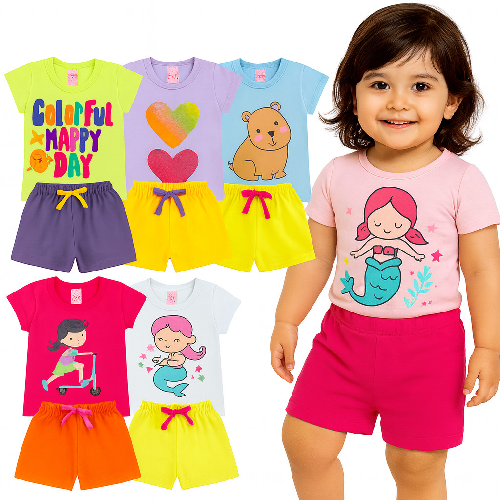 Kit Sortido 6 Peças de Roupas Infantil Menina Verão Camisetas e Bermudas 3 Conjuntos Infantil Menina Verão Bebê