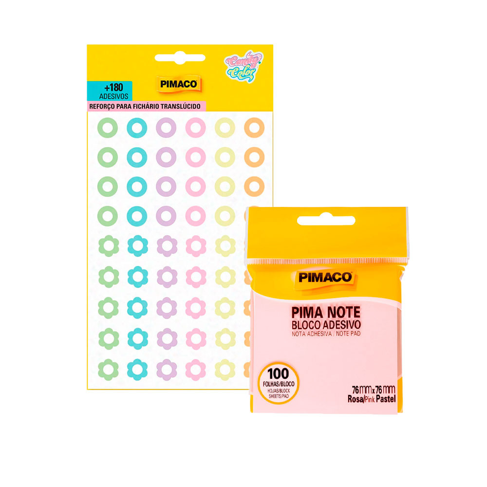 Kit Reforço de fichario Candycolor + Bloco adesivo Pimaco