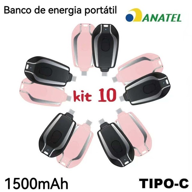 Kit 10 Carregador Porta-chaves Portátil | 1500mAh Ultra Compacto Mini Tipo-c anjgg