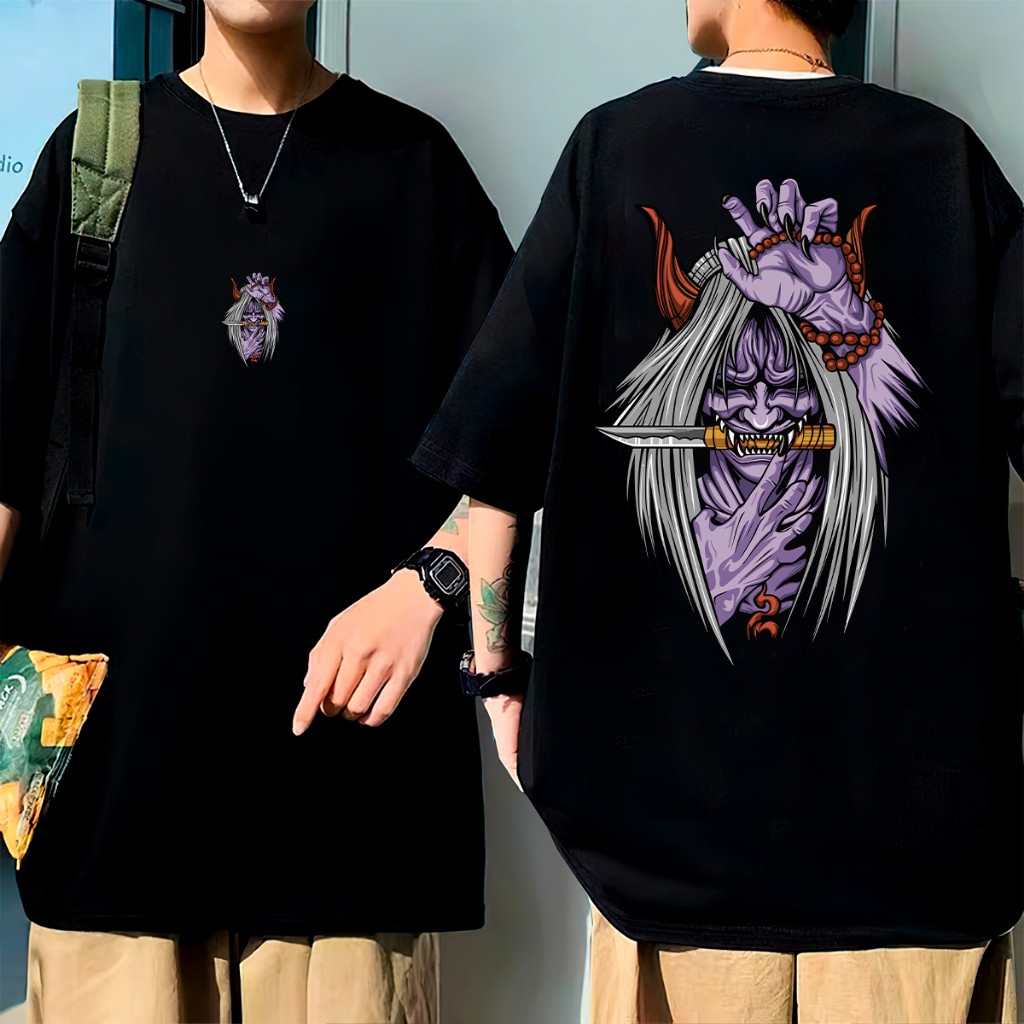 Camiseta Preta Oversized de Algodão Unisex, Estampa de Oni Japonês Estilizado, Moda Urbana Alternativa e Geek em Oferta na Shopee