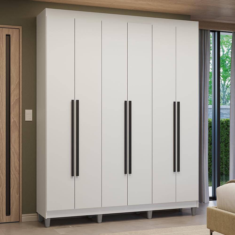 Guarda-Roupa Casal com Pés 6 Portas Batentes Branco/Branco/Preto Venus Madesa