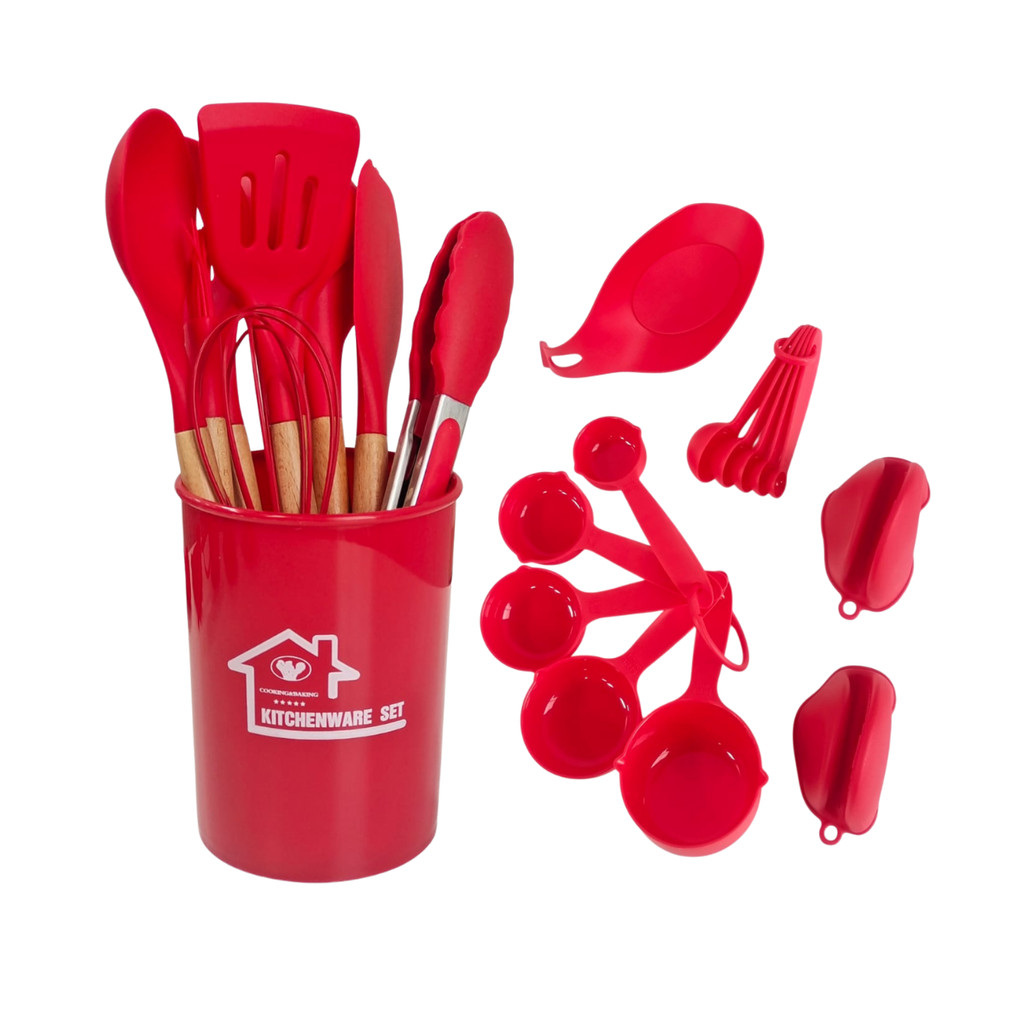 Kit 15 Utensílios De Cozinha Silicone Vermelho Cabo Madeira Antiaderente Luxo Completo Resistente Moderno