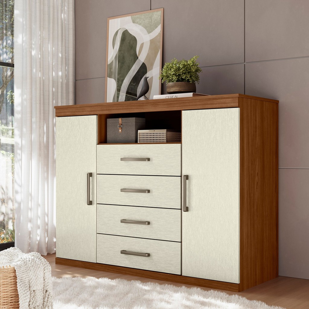 Cômoda para Quarto 2 Portas 4 Gavetas 1 Nicho Master Jatoba/Areia em Oferta na Shopee