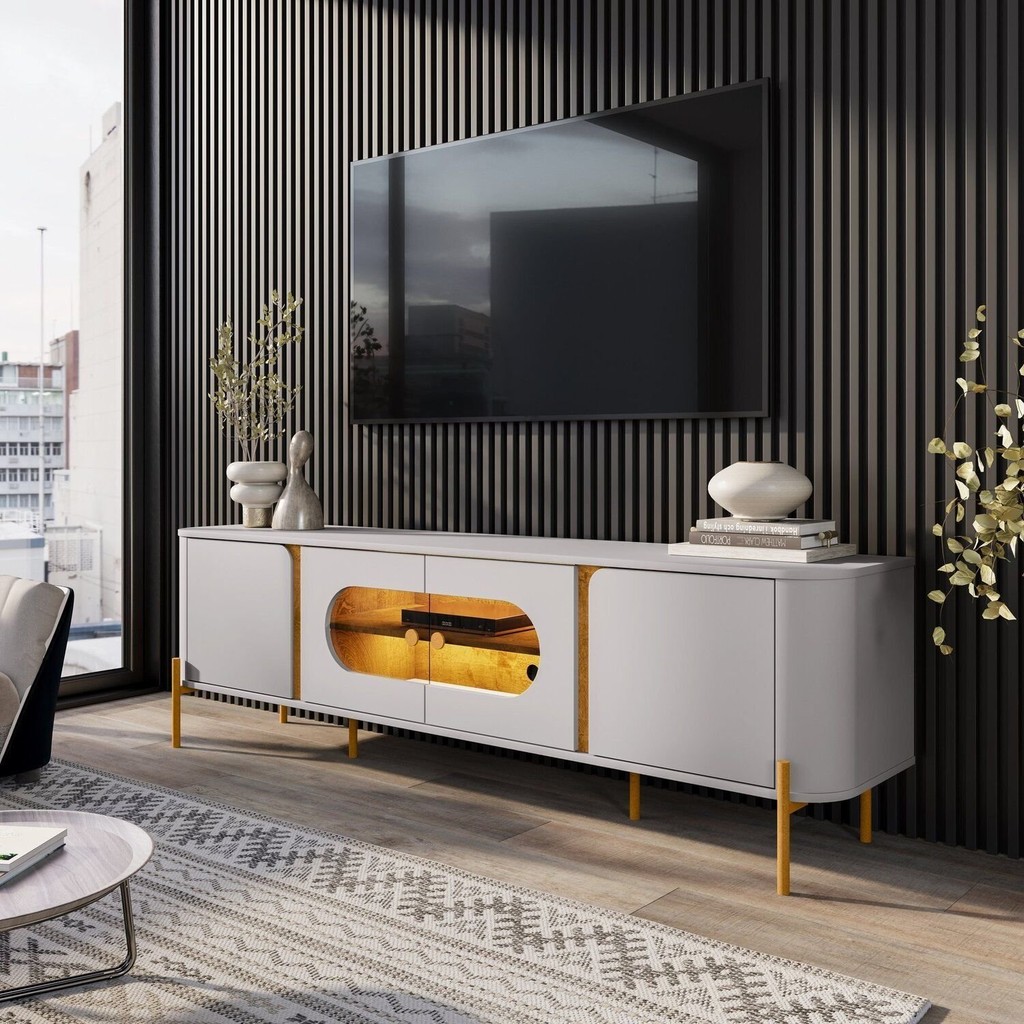 Rack para TV até 75 Polegadas com Led Bordas Arredondadas Juquehy Off White/Naturalle em Oferta na Shopee