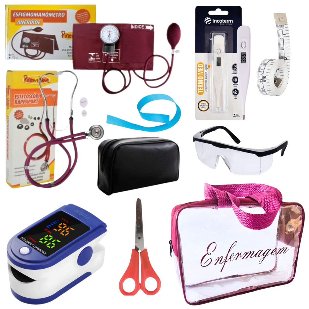 Kit Enfermagem Aparelho de Pressão + Estetoscópio Completo + Oximetro + Nécessaire Vinho Preto