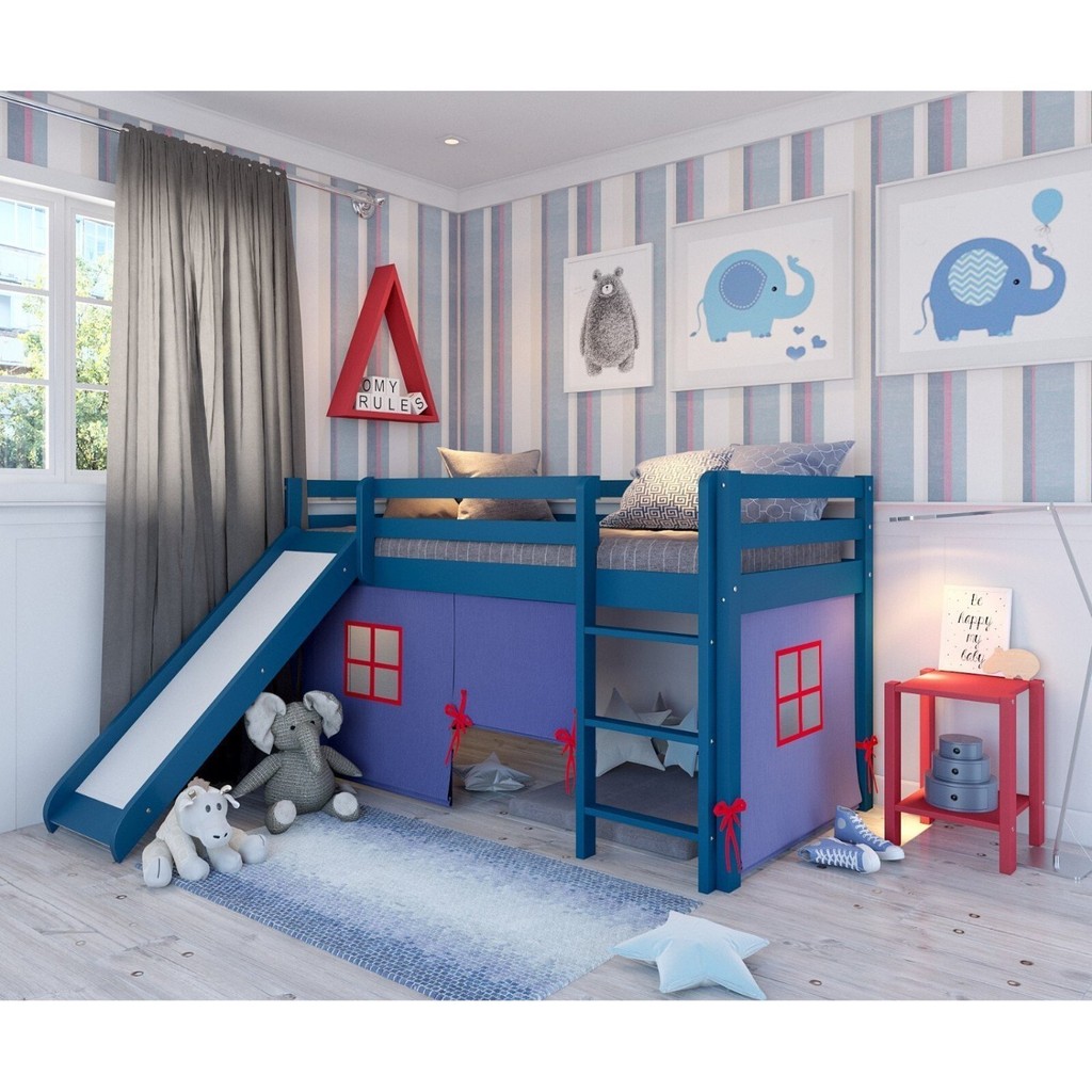 Cama Alta Infantil com Escorregador e Tenda em Madeira Maciça/mdf Azul em Oferta na Shopee