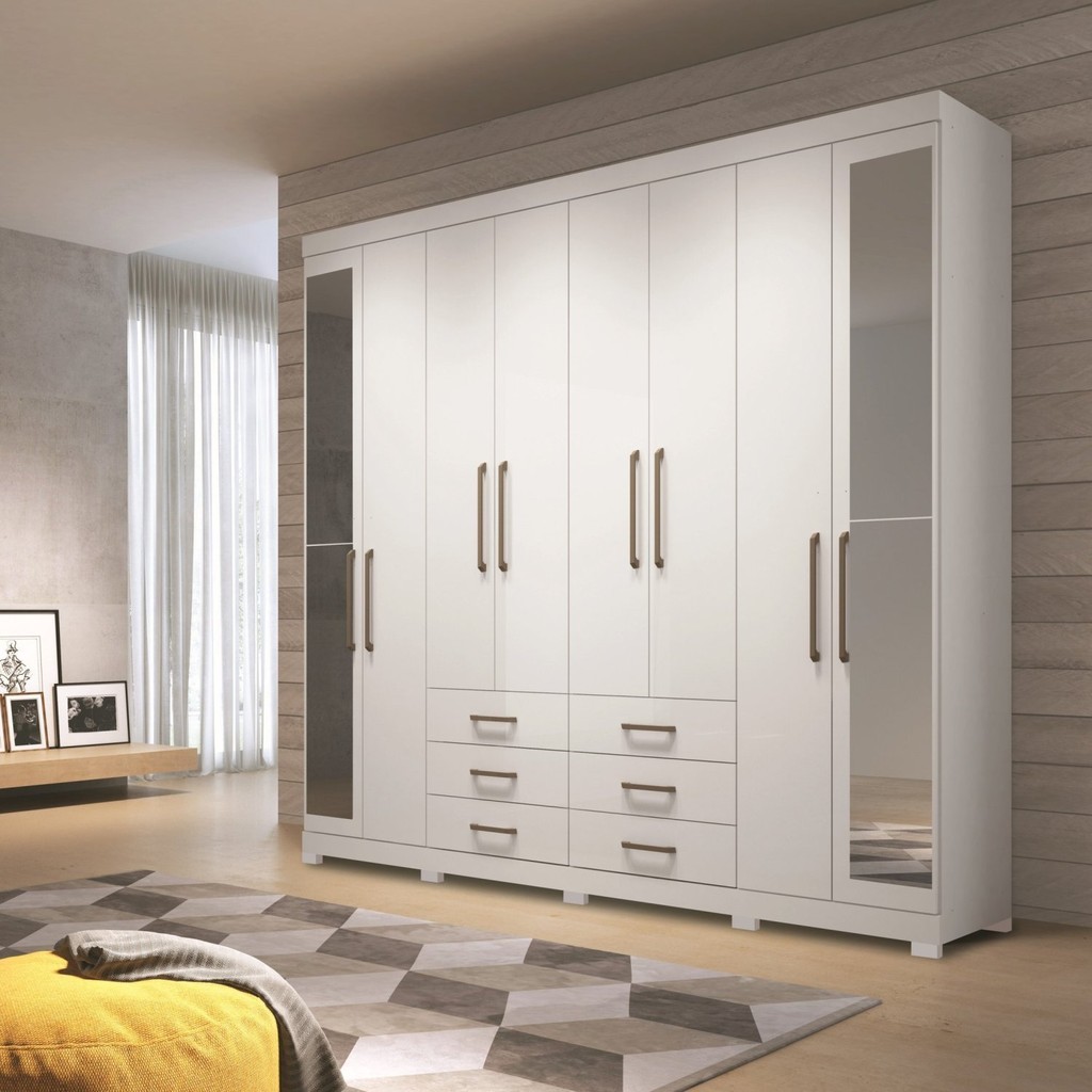 Guarda Roupa Casal com Espelho e Pés 8 Portas e 6 Gavetas Master Branco Branco