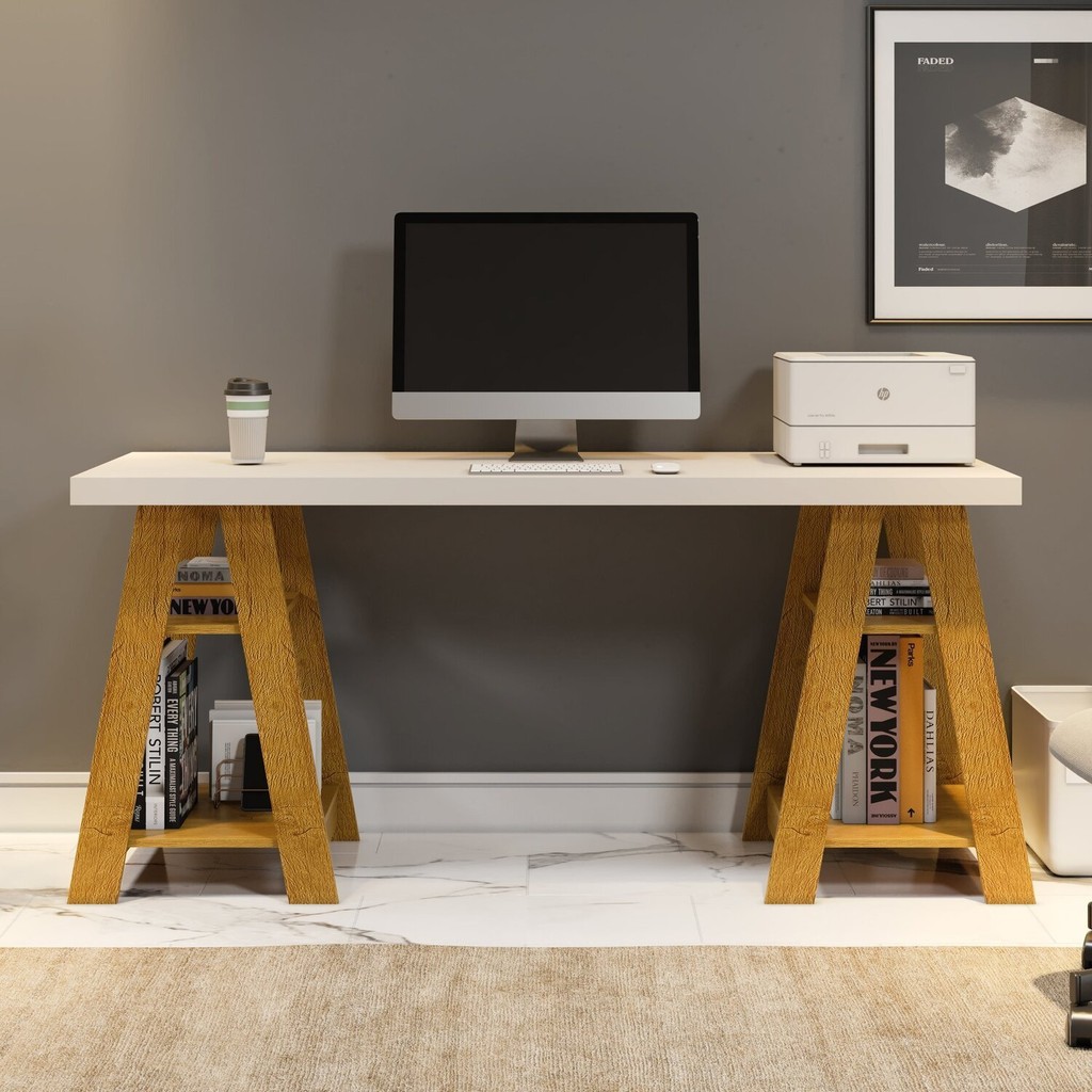 Escrivaninha Mesa Escritório Cavalete 4 Prateleiras 135cm Hawaii Yescasa Off White/Naturale em Oferta na Shopee