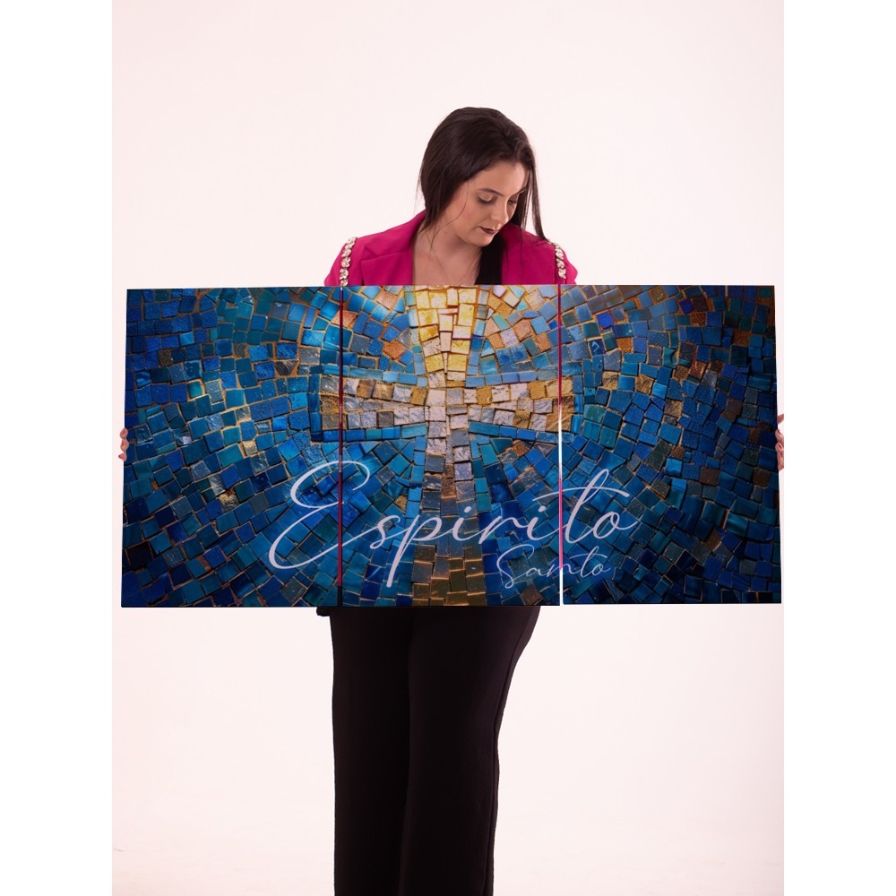 Quadro Decorativo Mosaico Azul com Cruz e Inscrição Espírito Santo Arte Religiosa Católica Parede