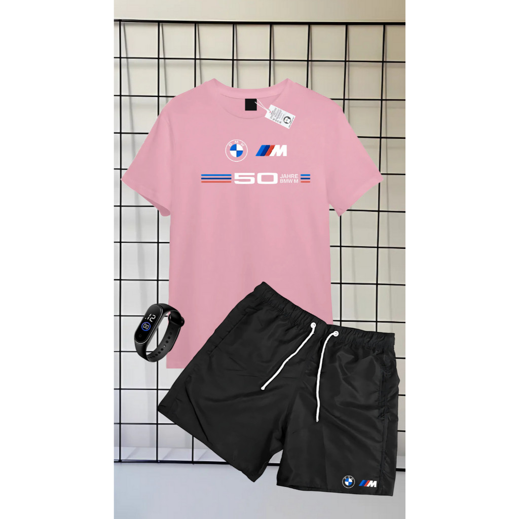 Conjunto Kit camiseta verão 100% algodão 30,1 bermuda leve para caminhada e academia ESTAMPA BMW 50 + RELOGIO DIGITAL