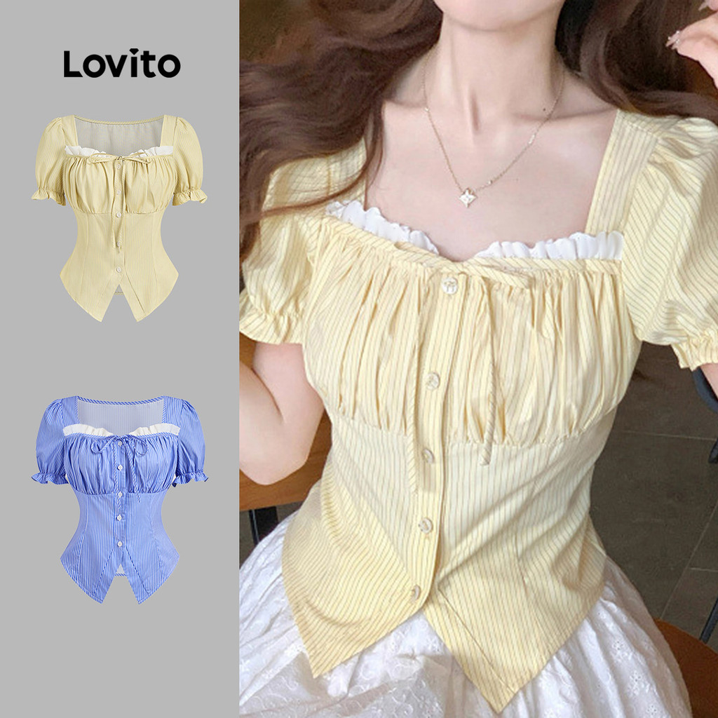 Lovito Blusa Casual Cores Contrastantes Amarração Frontal Dividida Blusa Amarela Primavera/verão Para Mulheres L135ED266 em Oferta na Shopee