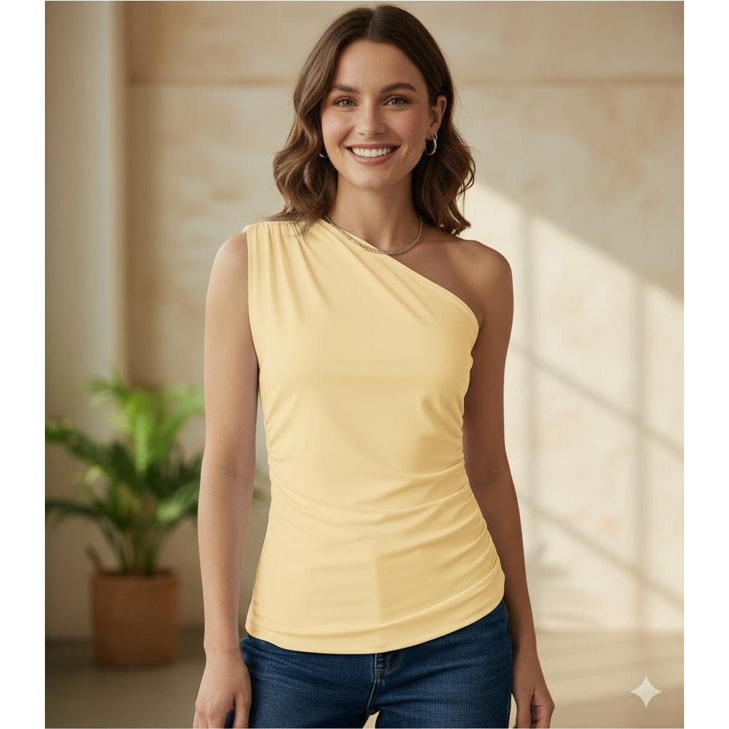 Blusa Feminina Assimetrica Nula Manca Casual Um Ombro Só Elegante Franzida Suplex Poliamida Verão26