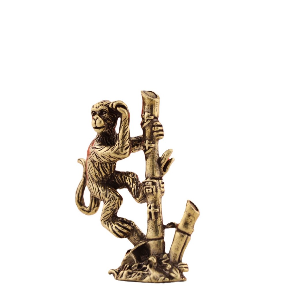 Sorte Fengshui Antigo Bronze Zodíaco Macaco Subir Estátua De Bambu Step Up Fortune Decoração De Casa