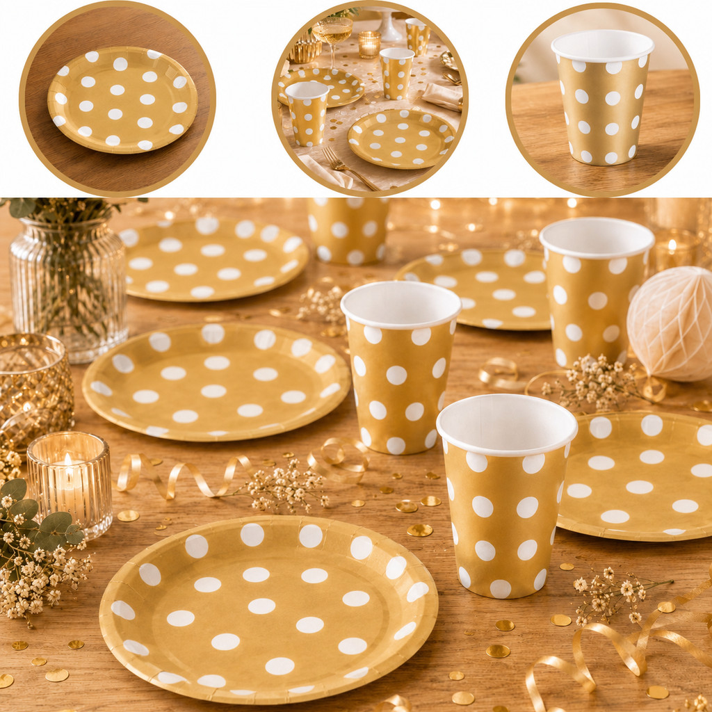 KIT FESTA LUXO POA DOURADO 10 PRATOS + 10 COPOS DE PAPEL 270 ML (SILVER) (CHOCO)